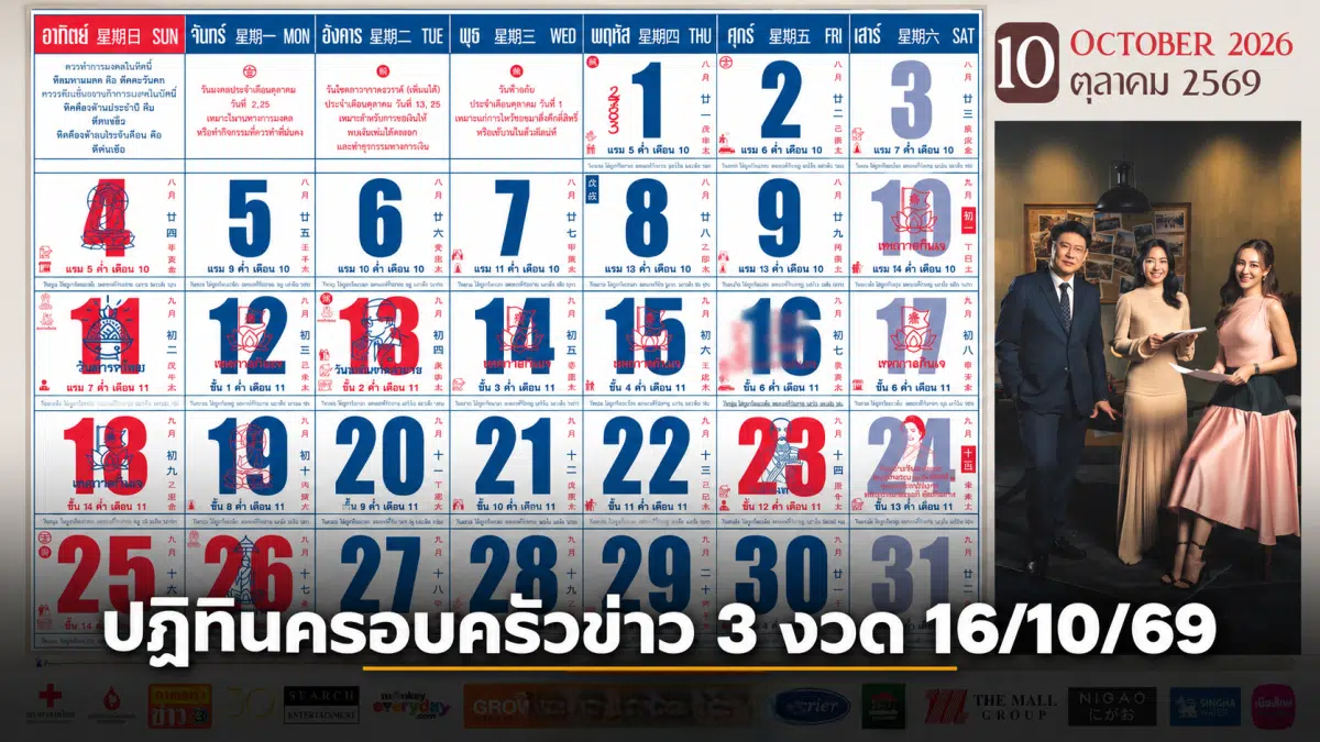 เลขเด็ดปฏิทินครอบครัวข่าว 3 งวด 16 ต.ค. 69 เปิดเลขแดงรับ เทศกาลกินเจ